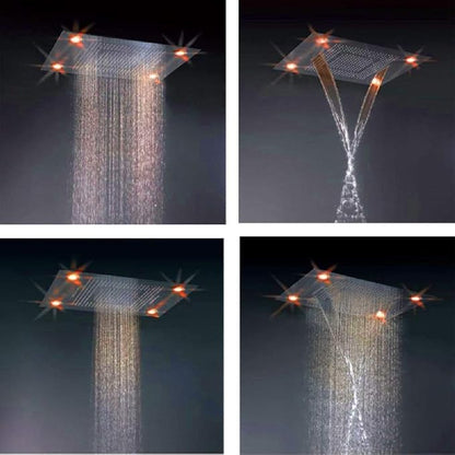 Cascada Classic Design 23”x31” large recessed rain shower head w/4 modes (Rain+ Water Curtain + Waterfall + Mix) with remote control for multi-color LED light (NON Music, Rose Gold)