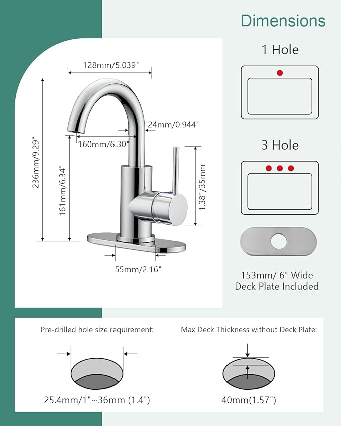 RKF Single-Handle Swivel Spout Bathroom Sink Faucet with Pop-up Drain with Overflow and Supply Hose,Bar Sink Faucet,Small Kitchen Faucet Tap,Chrome Polished,BF3501P-CP2
