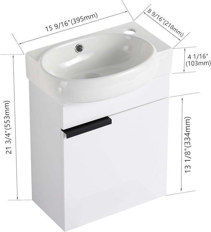 Malwee 16" Floating Bathroom Vanity, 16 Inch Single Sink Wall Mounted Bathroom Vanity, with 1 Door and White Ceramic Sink Top for Small Space, Modern Wall Hung Cabinet Storage (029-16GWH)