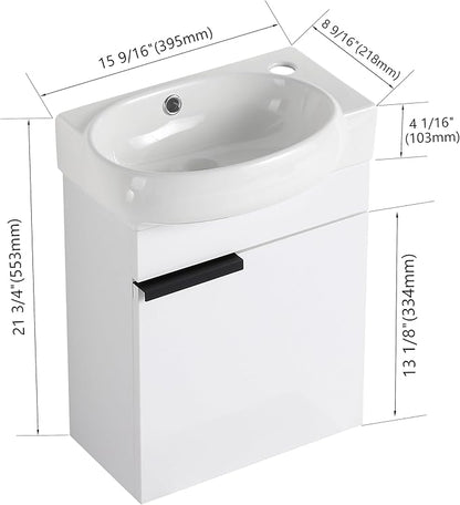 Malwee 16" Floating Bathroom Vanity, 16 Inch Single Sink Wall Mounted Bathroom Vanity, with 1 Door and White Ceramic Sink Top for Small Space, Modern Wall Hung Cabinet Storage (029-16GWH)