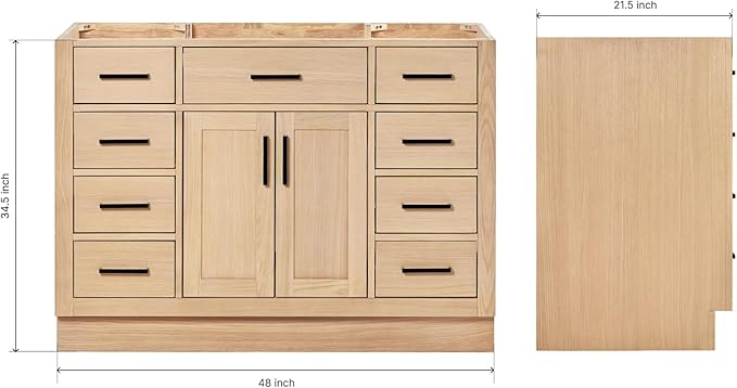 ARIEL Hepburn 48-inch Bathroom Vanity Base Cabinet,Solid Wood, 2 Soft Closing Doors, 9 Dovetail Drawers, White Oak