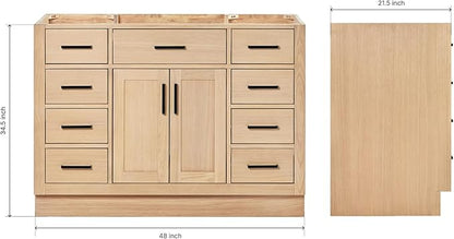 ARIEL Hepburn 48-inch Bathroom Vanity Base Cabinet,Solid Wood, 2 Soft Closing Doors, 9 Dovetail Drawers, White Oak