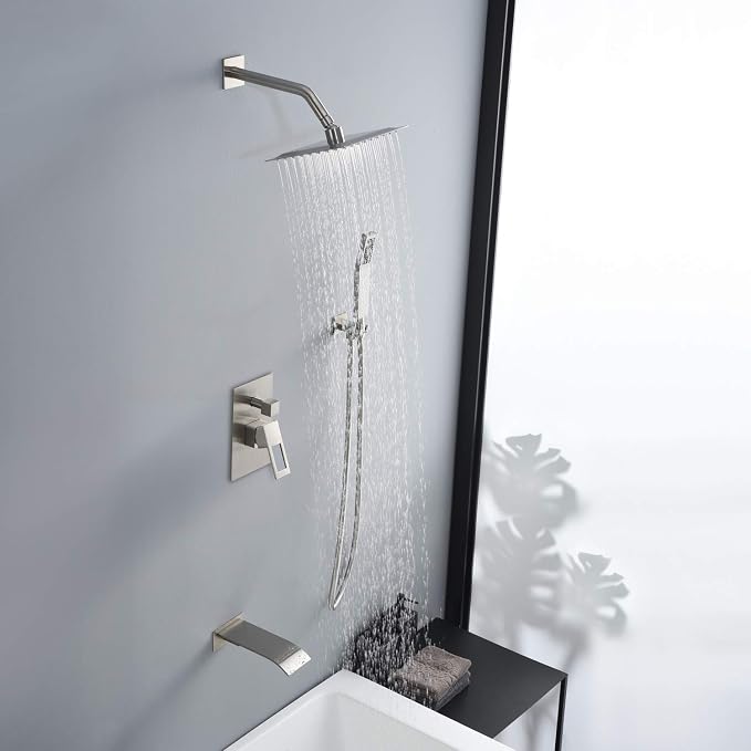 SUMERAIN Brushed Nickel Shower System with Waterfall Tub Spout | Anti-scalding Pressure Balanced Cartridge, Tub Shower Faucet, 8" Rain Shower Head, Brass Hand Shower, Rough-In Valve Included