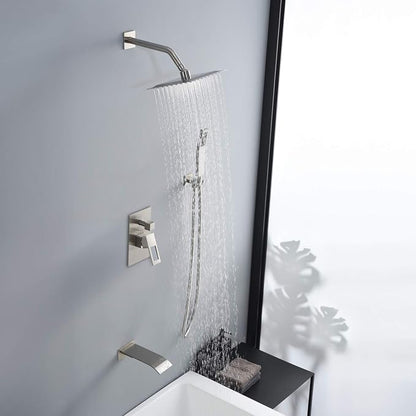 SUMERAIN Brushed Nickel Shower System with Waterfall Tub Spout | Anti-scalding Pressure Balanced Cartridge, Tub Shower Faucet, 8" Rain Shower Head, Brass Hand Shower, Rough-In Valve Included
