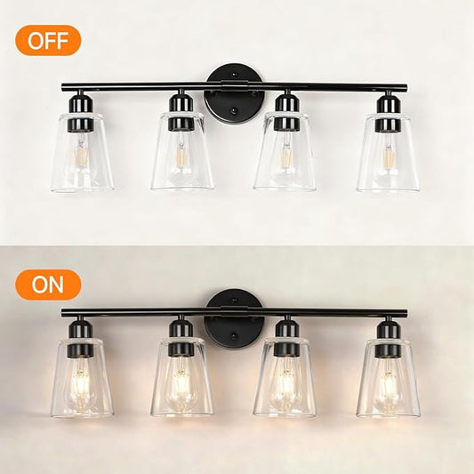 TALOYA 27 Inch Brushed Black Bathroom Light Fixtures with Thickend Clear Tapered Glass Shade, 4-Light Modern Vanity Light Over Mirror for Bathrooms, Bedrooms (Bulbs Not Included)