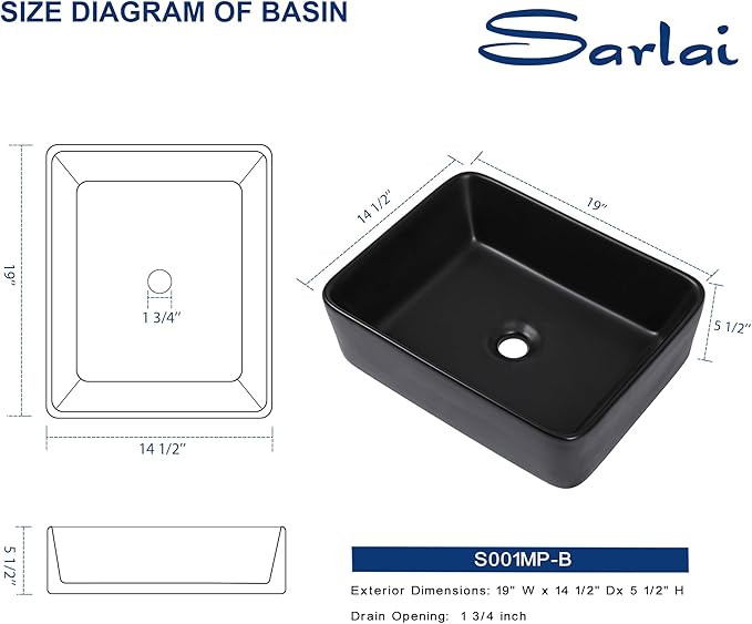 Sarlai Bathroom Vessel Sink - 19"x15" Modern Bathroom Sink Rectangular Above Counter Black Porcelain Ceramic Bathroom Vessel Vanity Sink Art Basin