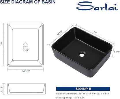 Sarlai Bathroom Vessel Sink - 19"x15" Modern Bathroom Sink Rectangular Above Counter Black Porcelain Ceramic Bathroom Vessel Vanity Sink Art Basin