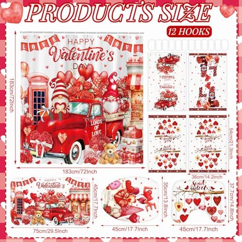 FuWeave 8 Pcs Valentines Shower Curtain Set Red Heart Sweet Love Romantic Bathroom Decor Valentines Day Gnome Waterproof Shower Curtain Towels Non Slip Rug Toilet Lid Cover Bath Mat with 12 Hooks