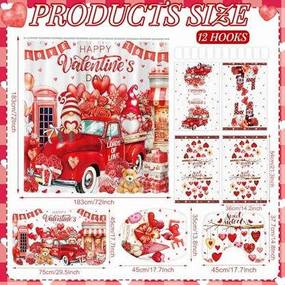 FuWeave 8 Pcs Valentines Shower Curtain Set Red Heart Sweet Love Romantic Bathroom Decor Valentines Day Gnome Waterproof Shower Curtain Towels Non Slip Rug Toilet Lid Cover Bath Mat with 12 Hooks