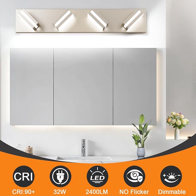 Bathroom Lights Fixtures Over Mirror, 360°Rotate Modern LED Vanity Lights for Bathroom, 32W Dimmable & High CRI Acrylic Wall Lighting, No Assembly Required (Brushed Nickel, 4-Light, 24 Inch)