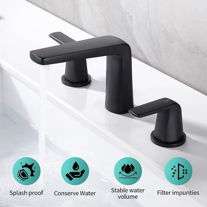 8 inch 2 Handles Widespread Bathroom Faucet 3 Holes with Pop up Drain Assembly and Water Supply Lines (Black)