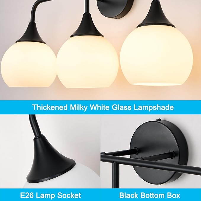 Mid Century Matte Black Bathroom Vanity Lights 3-Light Bathroom Lighting Fixtures Over Mirror with Milk White Glass Shade Modern Wall Sconce Lighting Bath Vanity Lights (Exclude E26 Bulb)