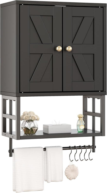 Farmhouse Medicine Cabinet - 3-Tier Wall Mounted Storage Organizer with Adjustable Shelves, Towel Bar, 5 Hooks for Small Bathroom, Laundry Room, Over Toilet, Living Room, Bedroom (Black)