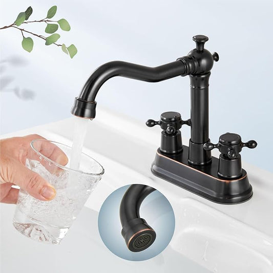 Aolemi 4 Inch Centerset Bathroom Sink Faucet Vintage 2 Cross Handle RV Mixer Tap Basin Vanity Lavatory Utility for Sink 3 Hole Include Hoses Pop Up Drain Faucet Handle Without Label Oil Rubbed Bronze