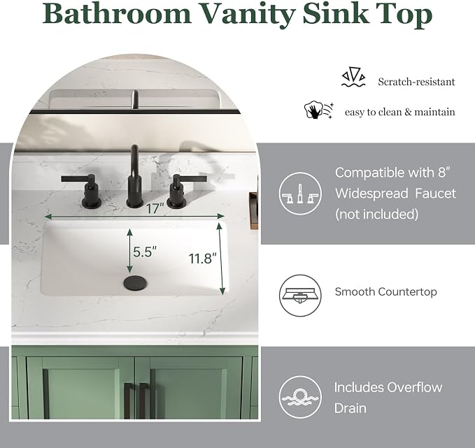 48 Inch Fully Assembled Bathroom Vanity with Sink, Sage Green | Modern Solid Wood Freestanding Vanity for Bathroom, Quartz Top & Backsplash, Soft-Close Doors, Dovetail Drawers, Bath Upgrade
