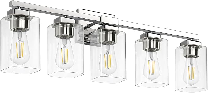 BesLowe 31” Bathroom Light Fixtures, 5-Light Vanity Light Chrome | Square Clear Glass & Durable Metal, Quick & Easy Installation, Standard E26 Socket, Bright Bathroom Lighting