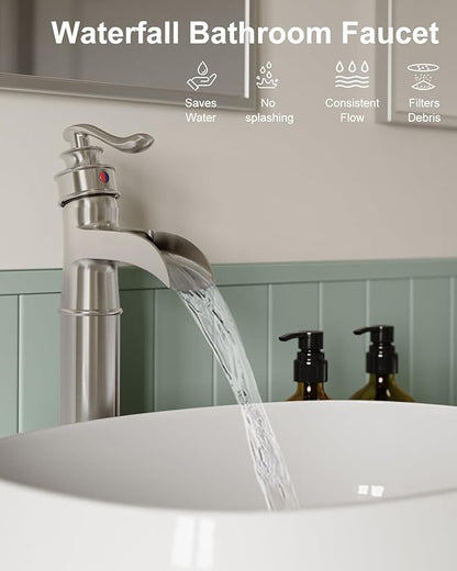 BWE Waterfall Vessel Sink Faucet Brushed Nickel Bathroom Faucet Single Handle Tall Single Hole Bathroom Sink Faucet Commercial Mixer Tap with Pop Up Drain Assembly and Supply Line