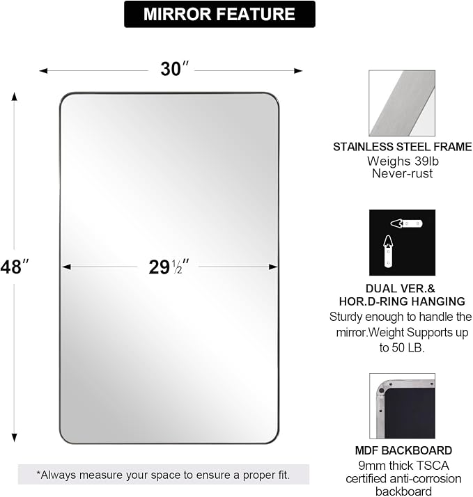 30"x48" Brushed Nickel Bathroom Mirror, Large Wall Mirror for Bathroom, Rounded Rectangle Mirror in Premium Stainless Steel Metal Frame Hangs Horizontal Or Vertical