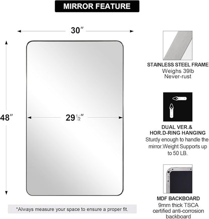 30"x48" Brushed Nickel Bathroom Mirror, Large Wall Mirror for Bathroom, Rounded Rectangle Mirror in Premium Stainless Steel Metal Frame Hangs Horizontal Or Vertical