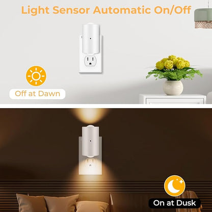 4 Pack Mini LED Night Light, Dimmable Plug-in Wall Light with Dusk to Dawn Auto On/Off, 180° Rotating Head, 3000K Soft White, 0-200 LM for Nursery, Hallway, Bathroom