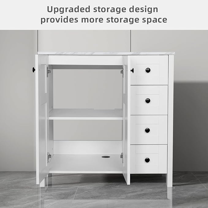 32 Inches White Bathroom Vanity with Marble Texture Top and 4 Drawers, Modern Standing Pedestal Cabinet with White Boat Ceramic Sink