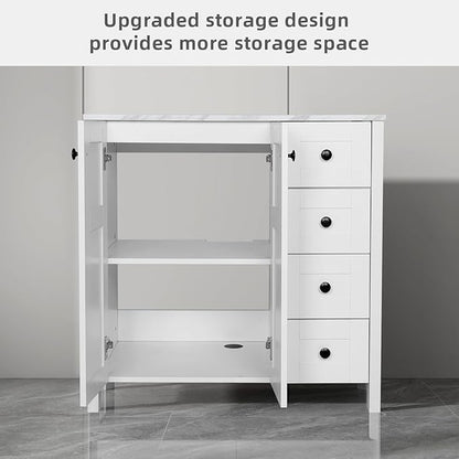 32 Inches White Bathroom Vanity with Marble Texture Top and 4 Drawers, Modern Standing Pedestal Cabinet with White Boat Ceramic Sink