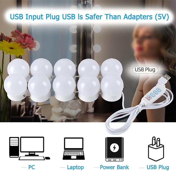 LED Vanity Lights for Mirror, Hollywood Style Vanity Lights with 10 Dimmable Bulbs, Adjustable Color & Brightness, USB Cable, Mirror Lights Stick on for Makeup Table Dressing Room (10 Lights)