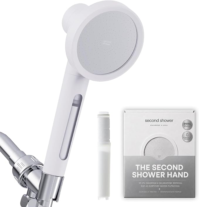 SecondShower Filtered Shower Head with Handheld for Hard Water - NSF Certified 99.9% Chlorine Removal, High Pressure, Korean Vitamin C Filter for Soft Skin & Hair (Pure Silver)