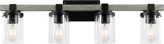 JONATHAN Y 32" Black/Gray Oak Wood Finish LED Vanity Light, Rustic Farmhouse Sconce, Clear Seeded Glass Shade, Industrial Wall Lamp for Bathroom Mirror, Kitchen Sink, LED Bulb (JYL7510B)