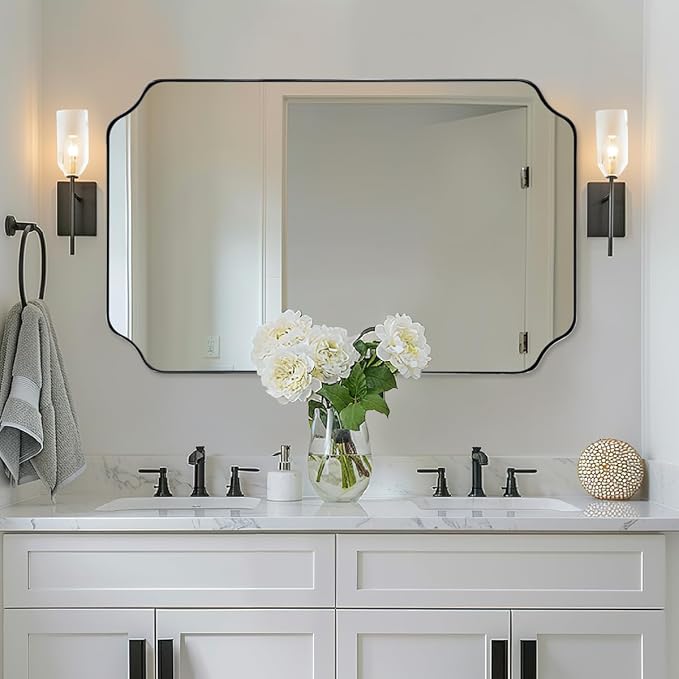 Matte Black Mirror 24x40 Inch, Scalloped Mirror for Bathroom, Unique Rectangular Bathroom Mirror in Premium Stainless Steel Metal Frame 1’’ Deep, Hangs Vertically/Horizontally
