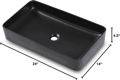 Black Vessel Sink - Dcolora 24 x 14 Bathroom Sink Matte Black Rectangular Above Counter Vessel Sink Ceramic Countertop Lavatory Vanity Bowl Sink Art Basin Sink