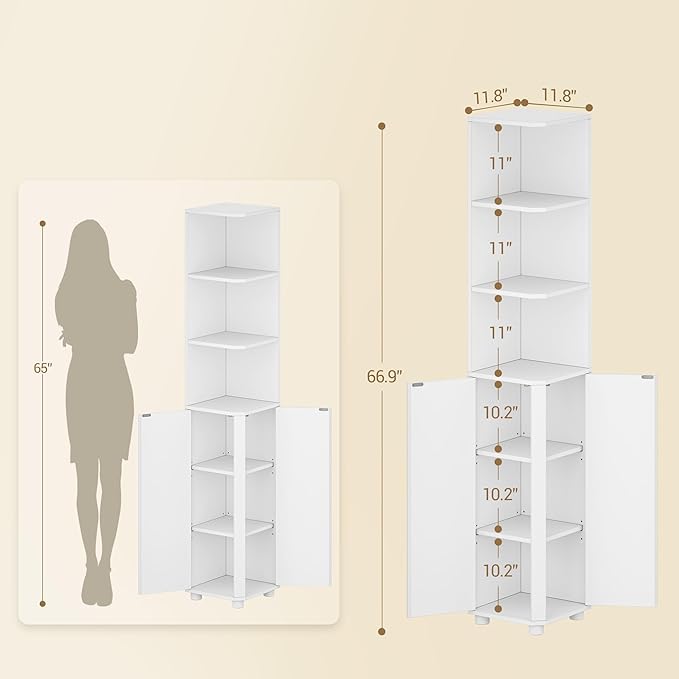 Corner Cabinet, Tall Bathroom Corner Cabinet with Doors, Narrow Storage Cabinets with Adjustable Shelves, Bathroom Organizers and Storage for Small Space, White BC31003X