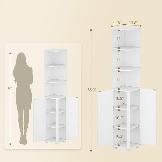 Corner Cabinet, Tall Bathroom Corner Cabinet with Doors, Narrow Storage Cabinets with Adjustable Shelves, Bathroom Organizers and Storage for Small Space, White BC31003X