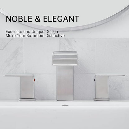 RUMOSE 8 inch Bathroom Faucets Set Brushed Nickel Bathroom Sink Faucet 3 Hole with Pop Up Drain Widespread 2 Handles Stainless Steel Lavatory Vanity Faucet Waterfall Spout Deck Mounted