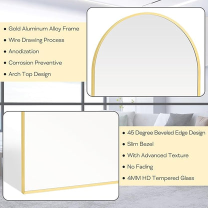 Gold Arched Mirror 22x30in, Metal Framed Bathroom Vanity Wall | Tempered Glass, Shatter Proof, Living Room Bedroom Entryway, Modern Elegant Design