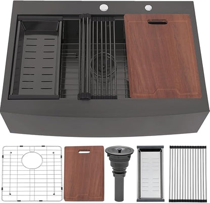 33x22 Inch Drop In Gunmetal Black Farmhouse Sink, 16 Gauge Stainless Steel Single Bowl Apron Front Workstation Farm Sink With Accessories
