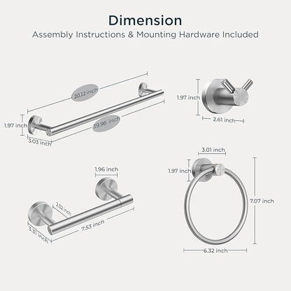 FORIOUS Bathroom Accessories, 4-Piece Bathroom Hardware Set - 18" Towel Bar | Brushed Nickel | Towel Hooks, Towel Racks for Bathroom, Toilet Paper Holder Wall Mounted, Towel Ring | SUS304 Stainless Steel