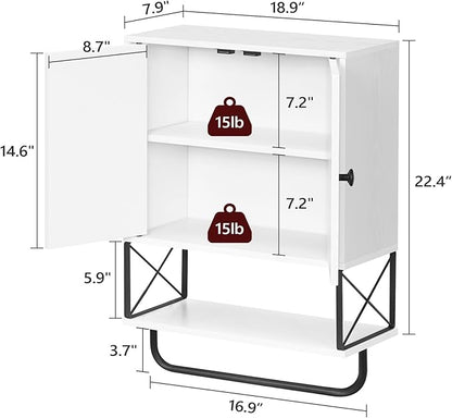Bathroom Wall Cabinet with 2 Door and Adjustable Shelf, Farmhouse Medicine Cabinet with Towel Rack, 3-Tier Wall Mounted Storage Cabinet Over The Toilet for Bathroom, 18.9" L, White