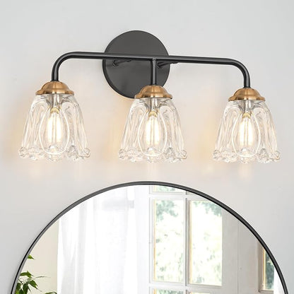 Vintage 3 Light Vanity Light, Black and Gold Bathroom Vanity Light, Bathroom Light Fixtures with Glass Shade, Antique Vanity Light Fixtures Over Mirror, Wall Sconce for Bedroom, Living Room