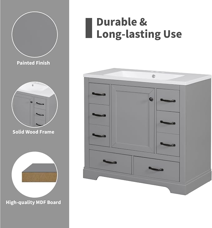 36" Bathroom Vanity Without Top Sink,6-Drawer Freestanding Cabinet Base with Multi-Functional Divider & Adjustable Shelf,Solid Wood MDF Vanity Only, Water Resistant,Grey