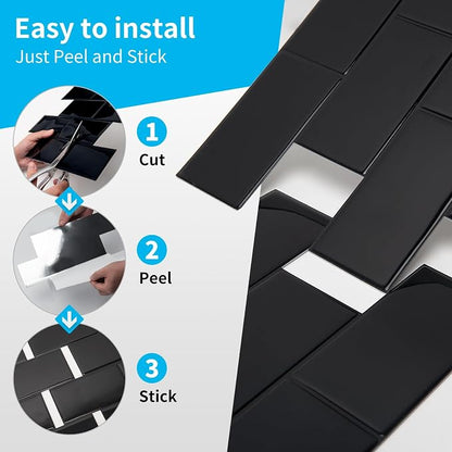 Art3d Faux Ceramic Subway Tile, Peel and Stick Backsplash, 10-Pack, Black | 12.6 x 10.6 in, Thickened Design, Heavy-Duty, Strong Adhesive, for Kitchen, Bedroom, Countertop Decor, Ideal for Home Upgrade