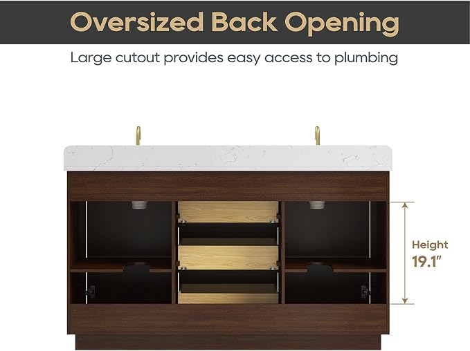 60"Bathroom Vanity with Double Sink,Ceramic Sink Vanity with Engineered Stone Countertop,Wood Frame Bathroom Storage Cabinet No Installation Required& Soft Closing Drawers, Light Walnut