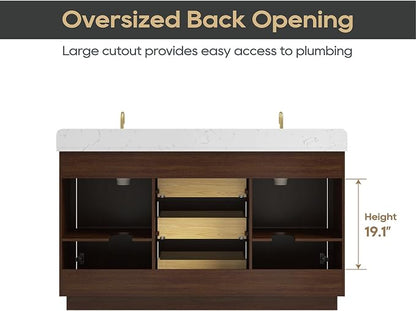 60"Bathroom Vanity with Double Sink,Ceramic Sink Vanity with Engineered Stone Countertop,Wood Frame Bathroom Storage Cabinet No Installation Required& Soft Closing Drawers, Light Walnut