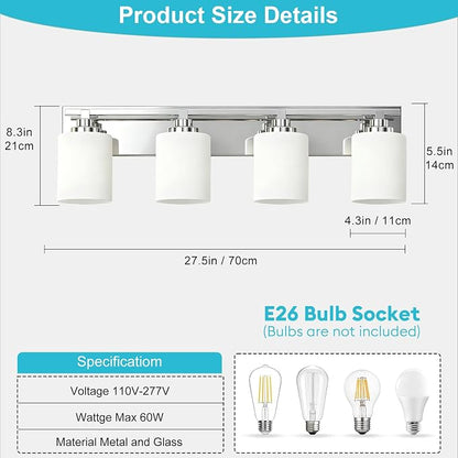 Modern Bathroom Lighting Fixtures Over Mirror, Vanity Lights for Bathroom, Wall Sconces with Milky White Glass Shades, E26 Ceramic Socket, 4-Light 27.5-inch Chrome