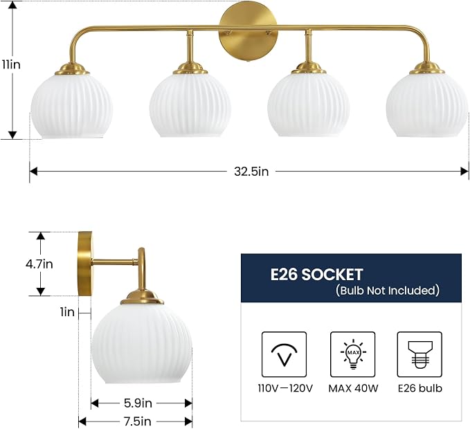 RUIYEY Bathroom Vanity Light Fixtures: 4 Lights Brushed Gold Ribbed Lantern Vanity Lights for Bathroom, E26 60W Hardwired Wall Sconce Lighting with Frosted Milky Glass Over Mirror (Exclude Bulb)