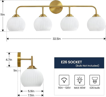 RUIYEY Bathroom Vanity Light Fixtures: 4 Lights Brushed Gold Ribbed Lantern Vanity Lights for Bathroom, E26 60W Hardwired Wall Sconce Lighting with Frosted Milky Glass Over Mirror (Exclude Bulb)