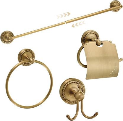 4 Pcs Antique Brass Gold Bathroom Accessories Set Wall-mounted Adjustable Towel Rack & Round Towel Ring & Covered Toilet Paper Holder & Robe Hook Wall Mounted Brass Vintage Bath Hardware Set