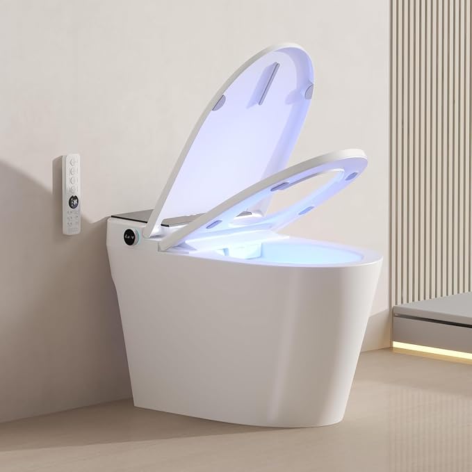 Smart Toilet with Bidet Built-In and Tank – Foam Shield, Heated Seat, Dual Flush, Warm Water & Dryer, Mutiple Clean Modes, Foot Sensor, Night Light, and Wireless Remote Control