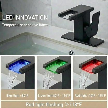 LED Bathroom Sink Faucet, Matte Black Waterfall Single Hole Handle Vanity Faucets for Sinks 1 Hole with Metal Pop Up Drain and 2 Water Supply Lines, Side Handle