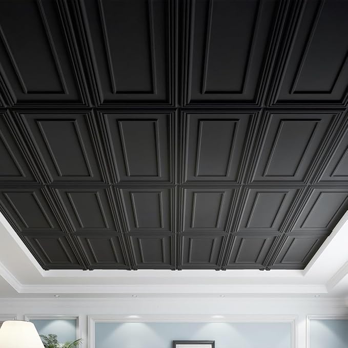 Art3d PVC Ceiling Tiles, 3D Plastic Sheet in Black, 2 x 2 ft, 12-Pack | Lightweight, Waterproof, No Sag and Breakage, Compatible with Grid System, Perfect for Basement, Kitchen
